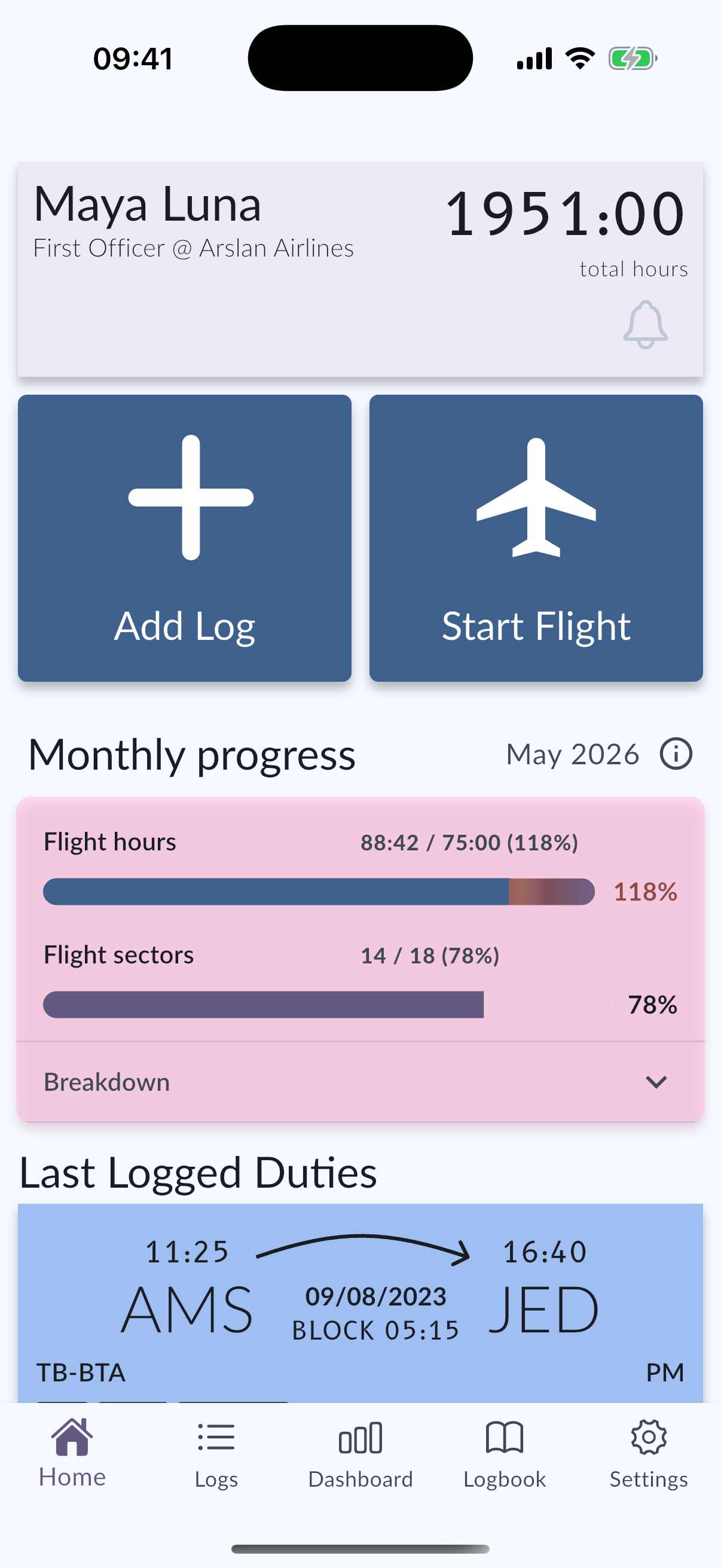 MyLog home screen on iPhone